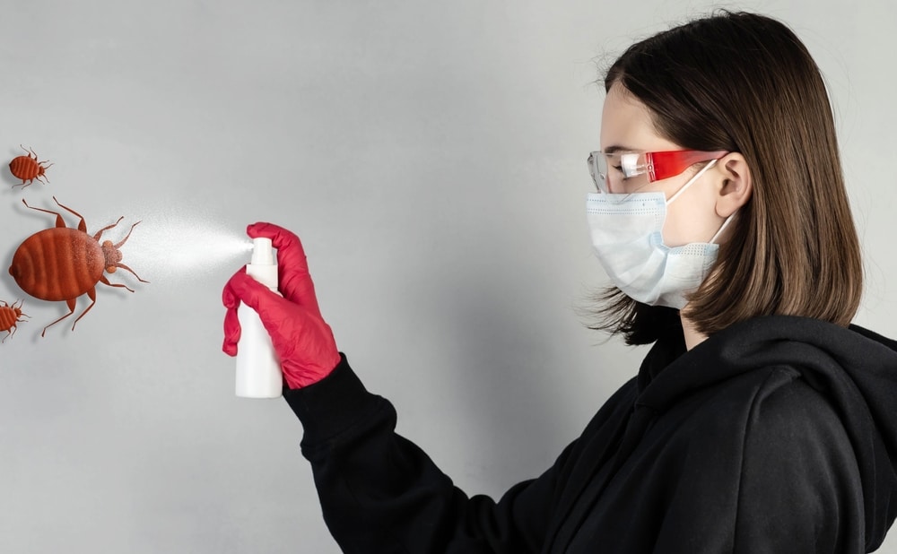 Frau mit Handschuhen und Atemschutzmaske nutzt Bettwanzen-Spray